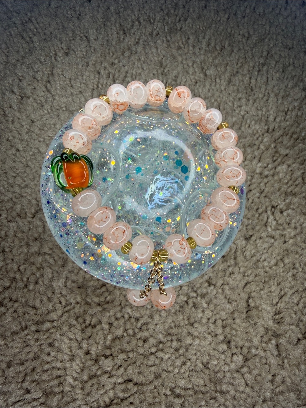 Handmade Peach Bead Bracelet with Glass Pumpkin Charm